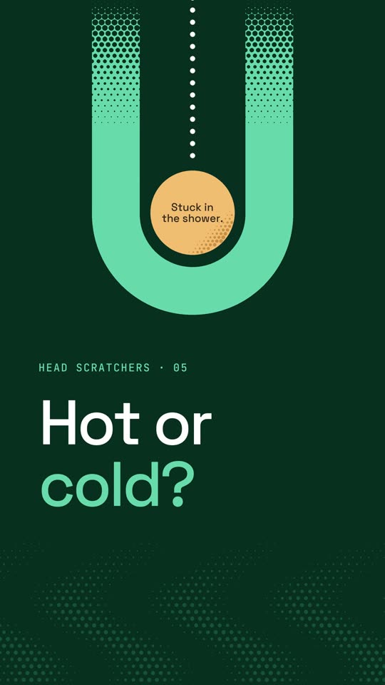 Opening frame: a neon green U with an amber circle inside reading “Stuck in the shower.”, and the headline “Hot or cold?”