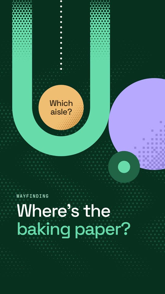Opening frame: a neon green U with an amber circle inside reading “Which aisle?”, a purple circle beside it, and the headline “Where's the baking paper?”