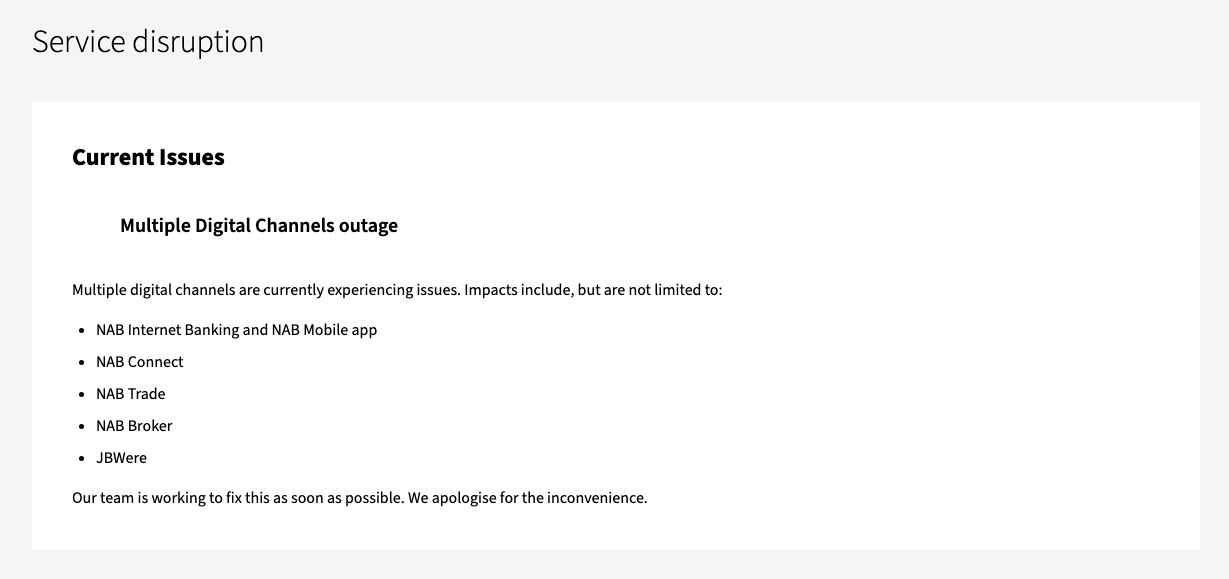 NAB's Service Status page during the outage on 23 September 2026. Under Current Issues, the heading Multiple Digital Channels outage lists NAB Internet Banking and NAB Mobile app, NAB Connect, NAB Trade, NAB Broker and JBWere, followed by: Our team is working to fix this as soon as possible. We apologise for the inconvenience.